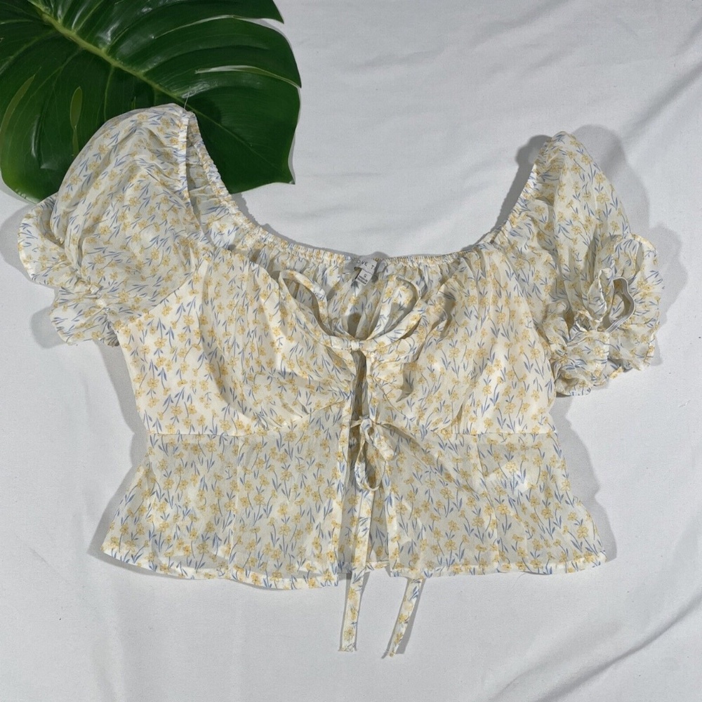 NEW LOVE TREE [ Small ] Floral Front Tie Cropped Chiffon‎ Blouse Top Yellow
